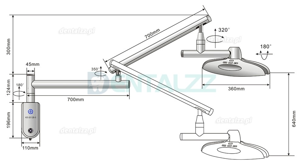 KWS KD-2012B-5 Lampa Operacyjna Stomatologiczna LED 90W Ścienna Bez cieni